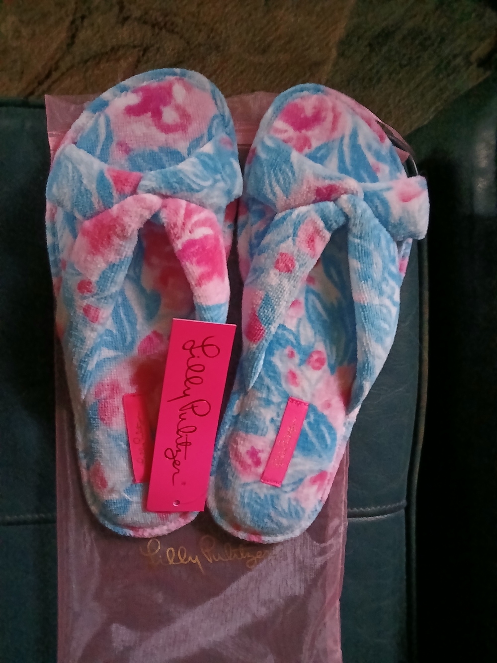 Lilly Pulitzer Pink and Light Blue Floral Plush Flip Flop Slippers